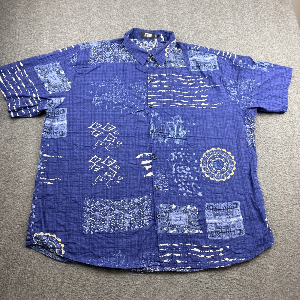 Jogal Men's 3XL Blue Patchwork Mandala Print Short Sleeve Button Down Shirt